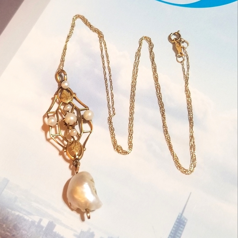 ANTQ SOLID 10KT Gold Seed Pearl Lavaliere Necklace - Picture 5 of 8